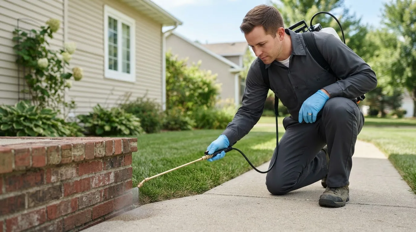 Pest control technician treating a home near Piffard, NY