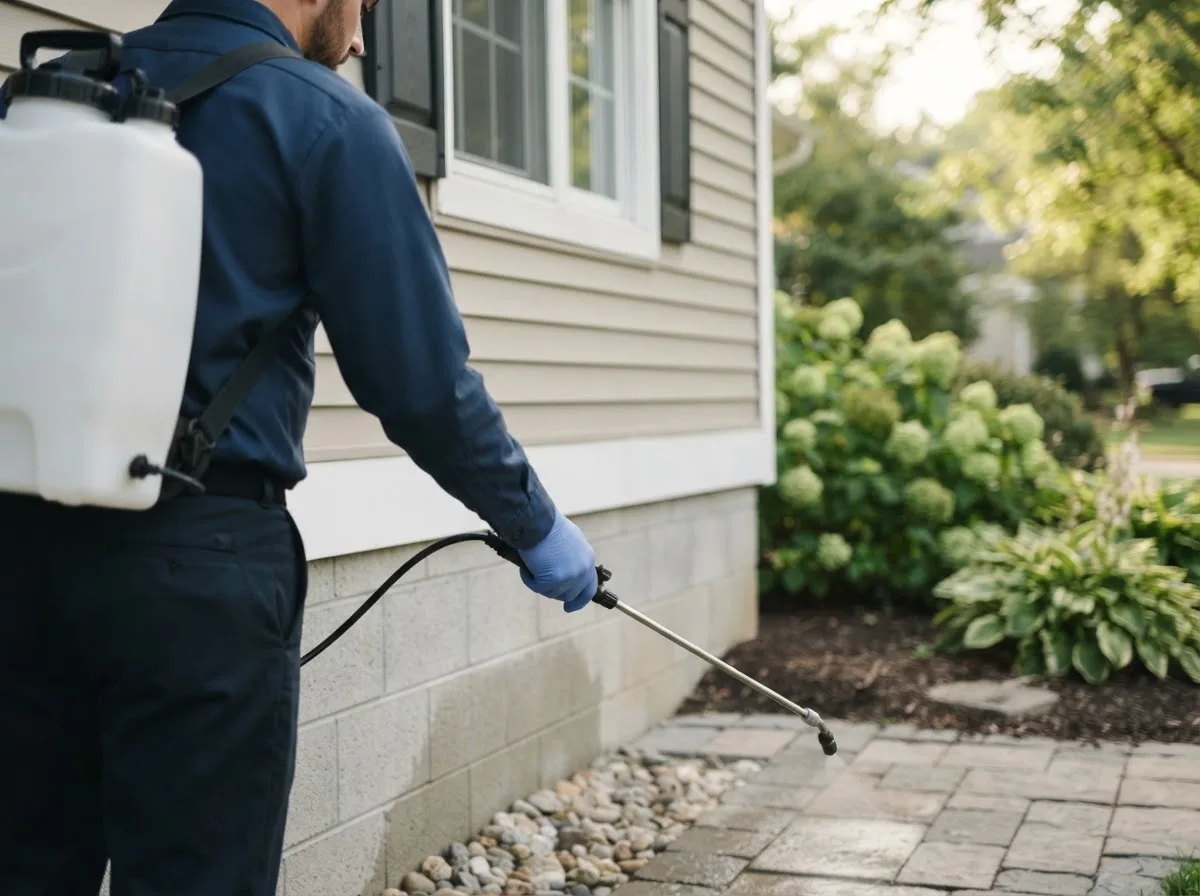 Pest control technician inspecting a home in Piffard, NY